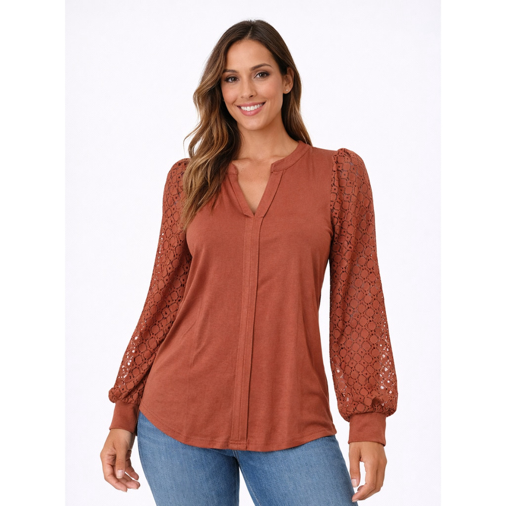 Women’s Lace Long Sleeve V-Neck Shirt – Caramel – Size S – NWT